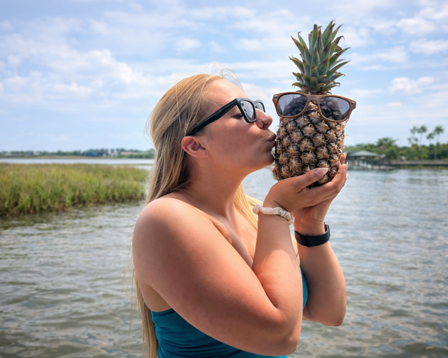 Woman holding and kissing a  pineapple 