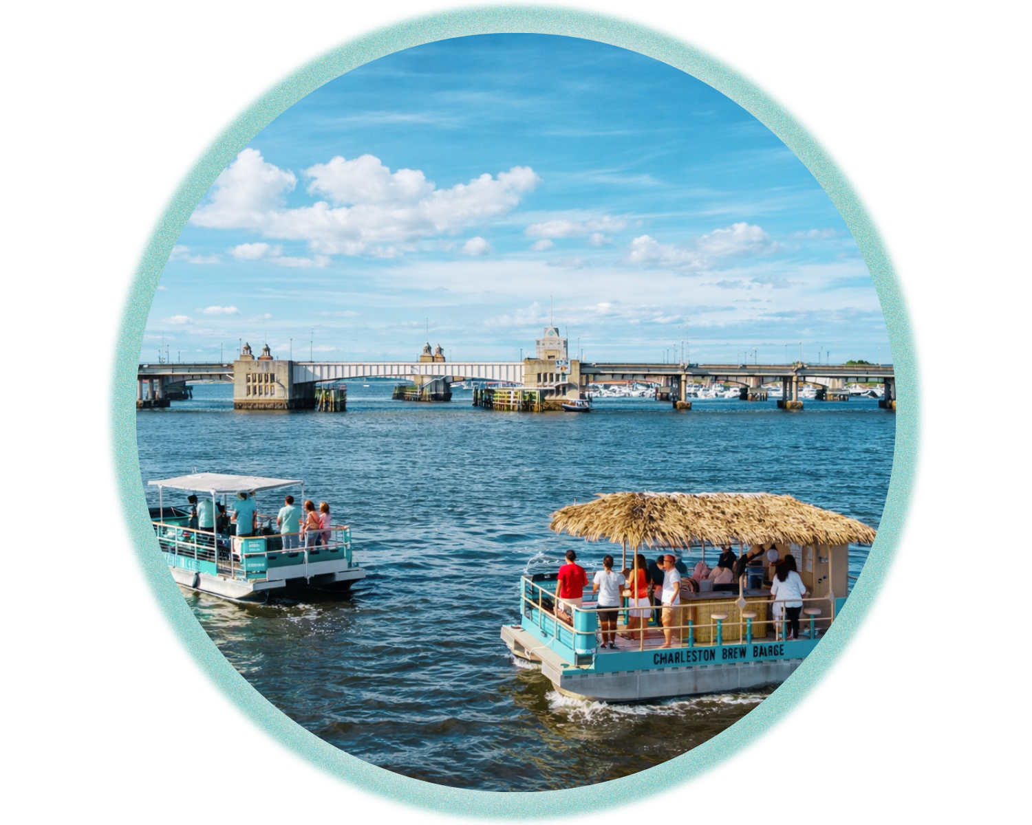 2 boats from saltwater cycle party boats in the Charleston harbor.