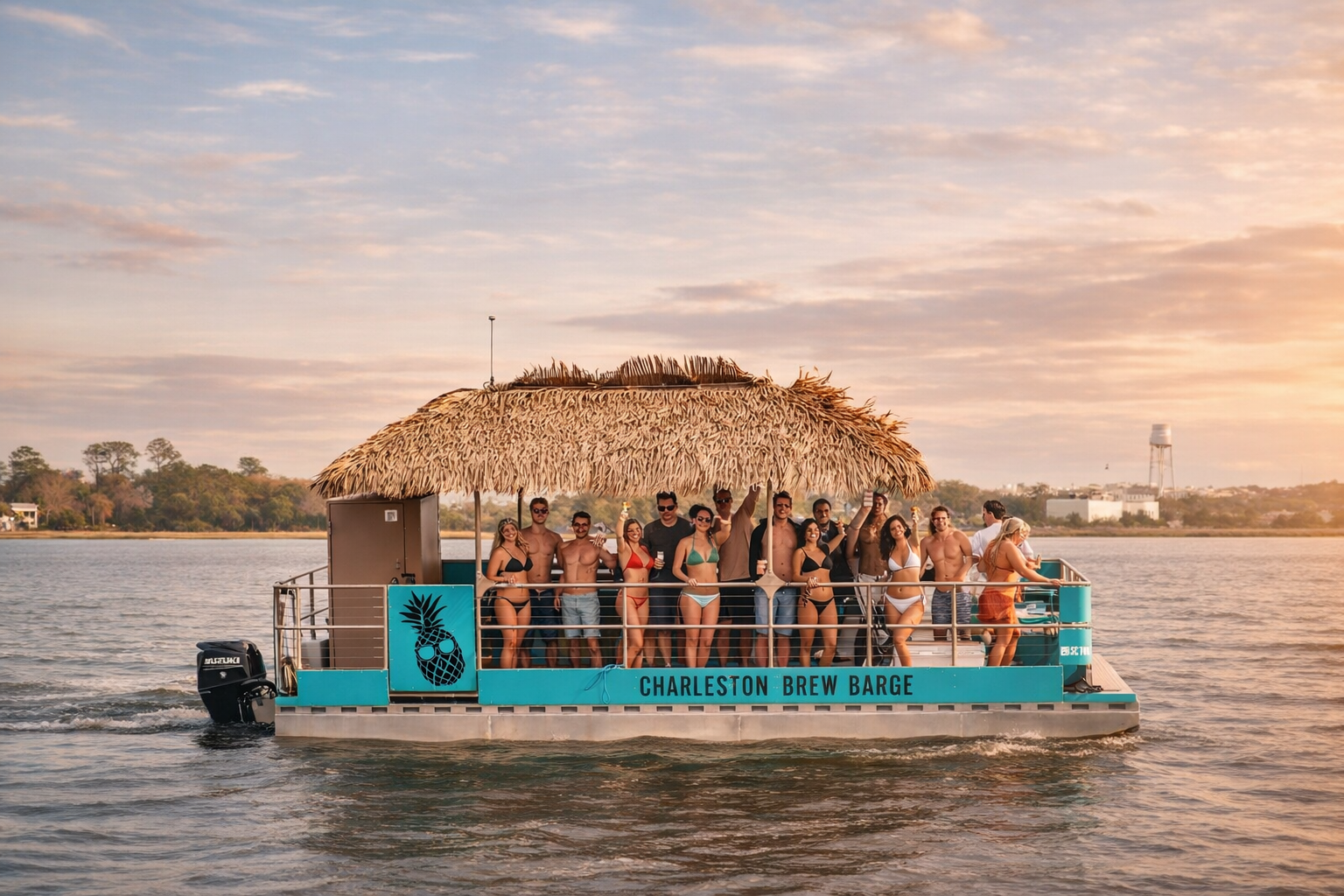 Charleston Brew Barge Boat. People on board partying